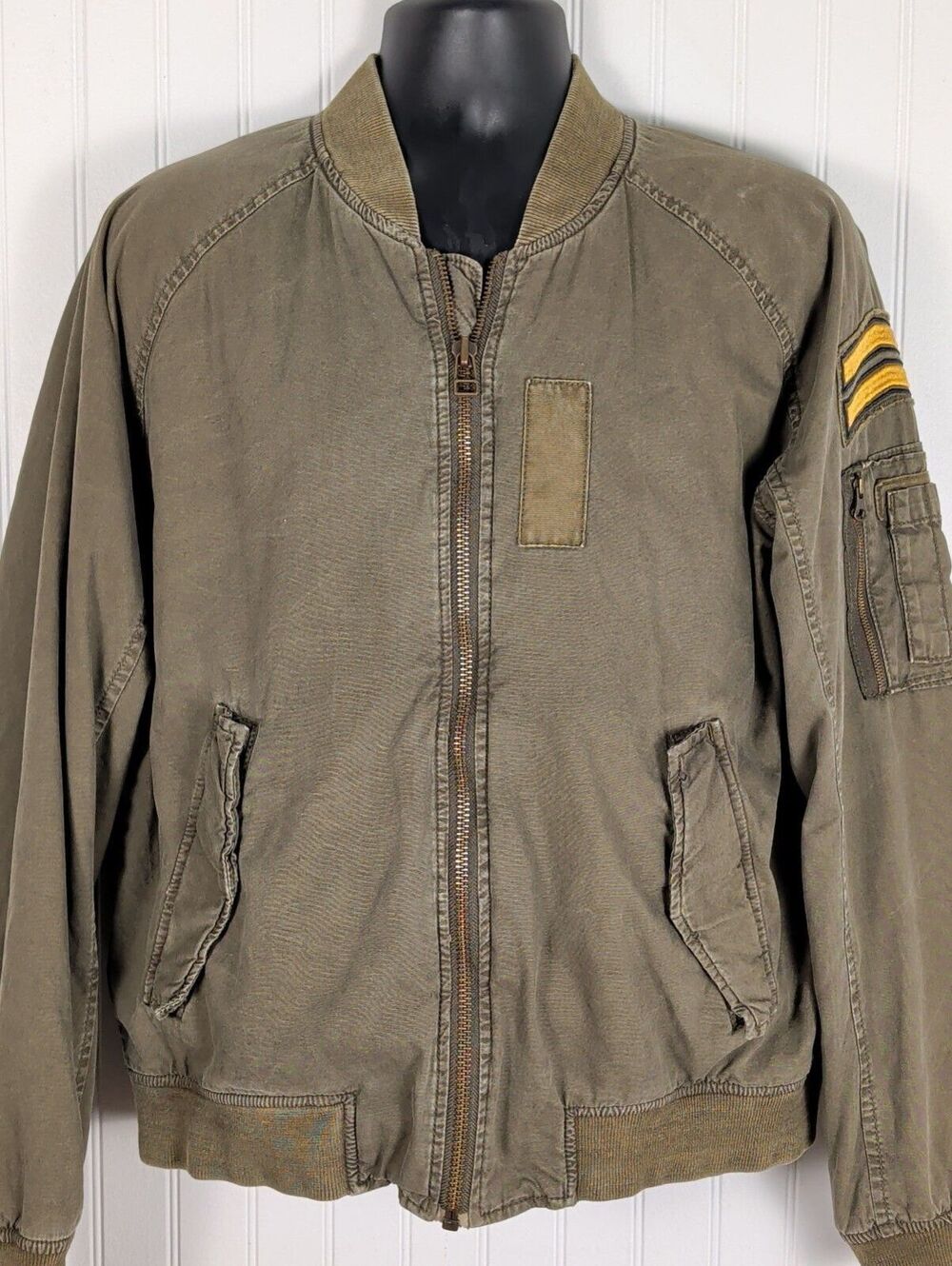 American Eagle Military Flight Bomber Jacket Wash Faded Olive Green Large
